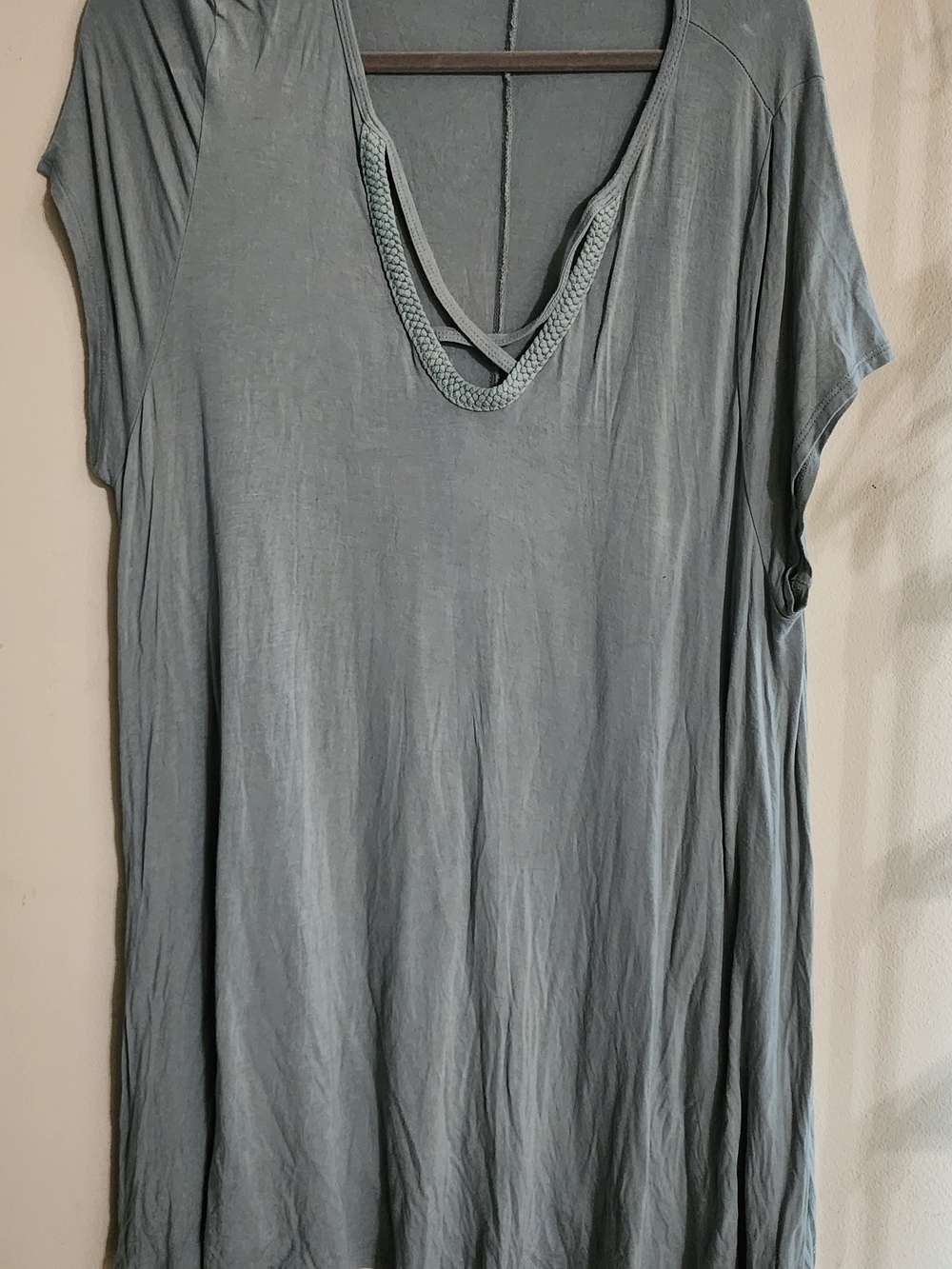 Emerald Relaxed V-Neck Tunic with Braided Trim — Gray